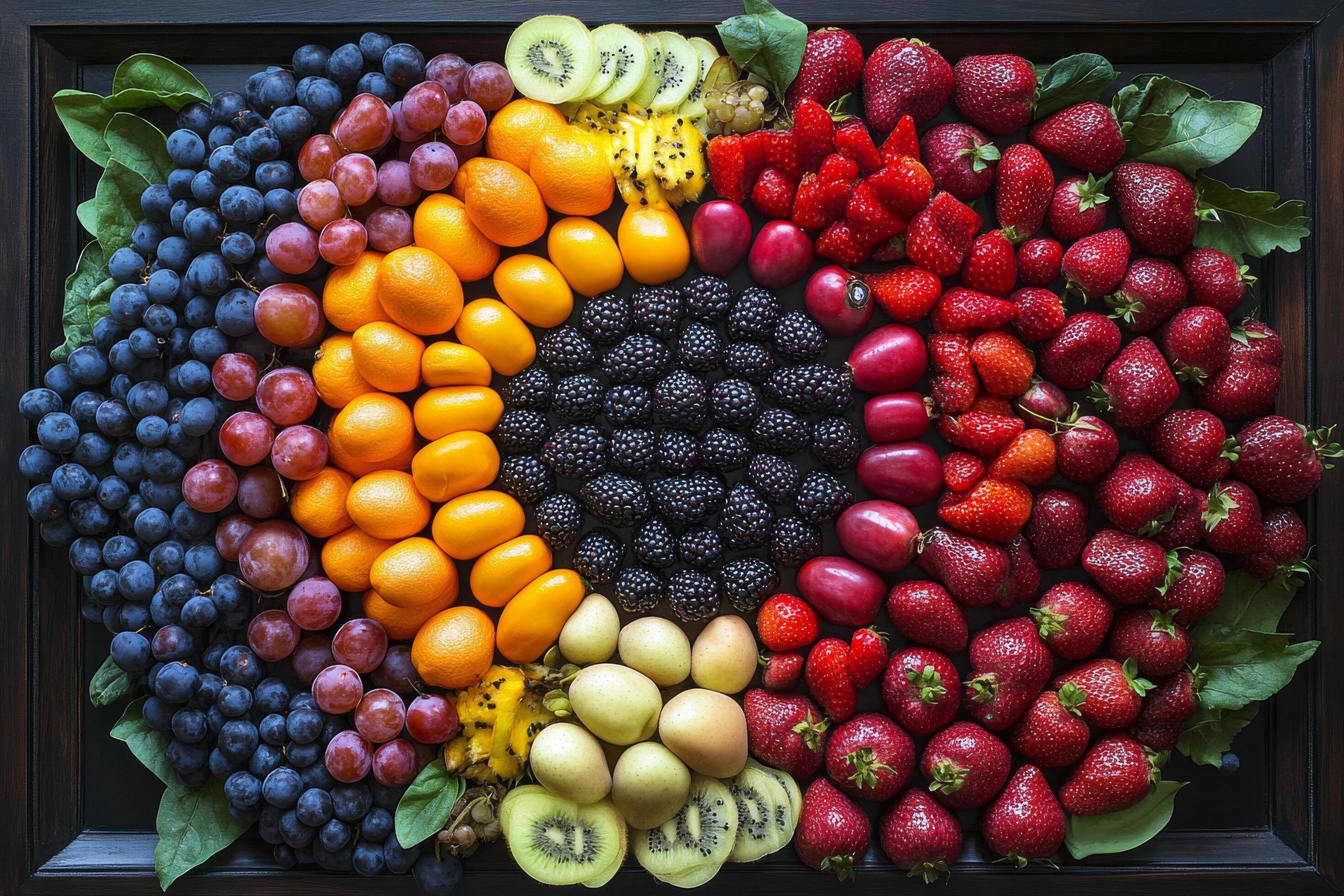 A colorful arrangement of whole grains, fresh vegetables, and seasonal fruits on a light surface